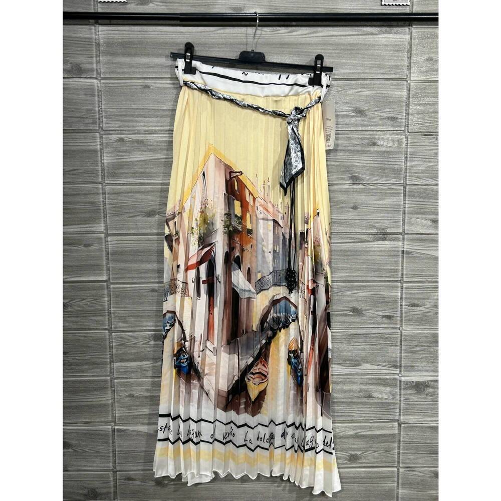 NEW OZ women's silk scenery skirt with belt in yellow